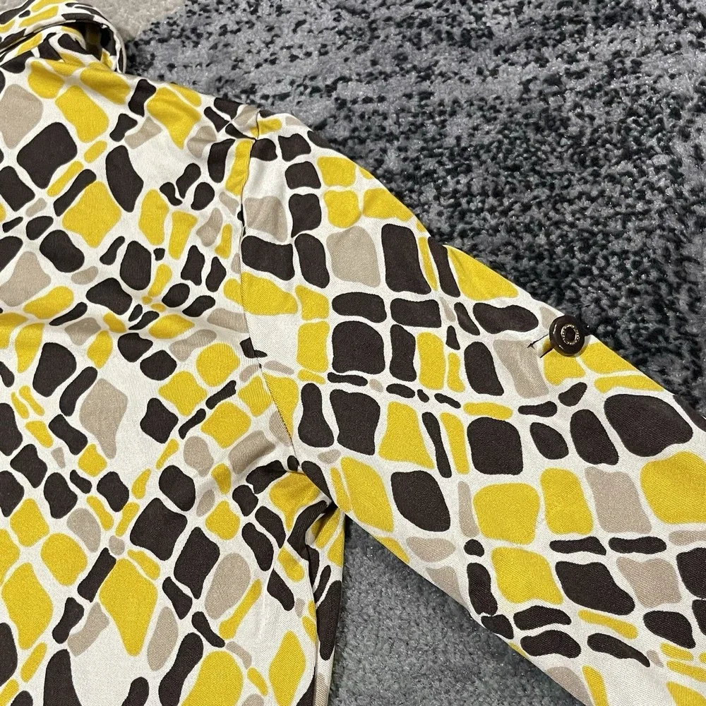 Tory Burch 100% Silk Dress Women Small Yellow‎ Geometric 3/4 Sleeve Button Knee